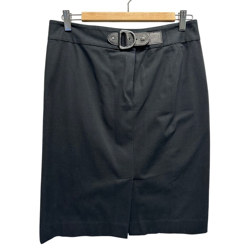 Lauren Ralph Lauren Black Pencil Skirt Buckle Detail Size 6 Cotton Stretch Knee
